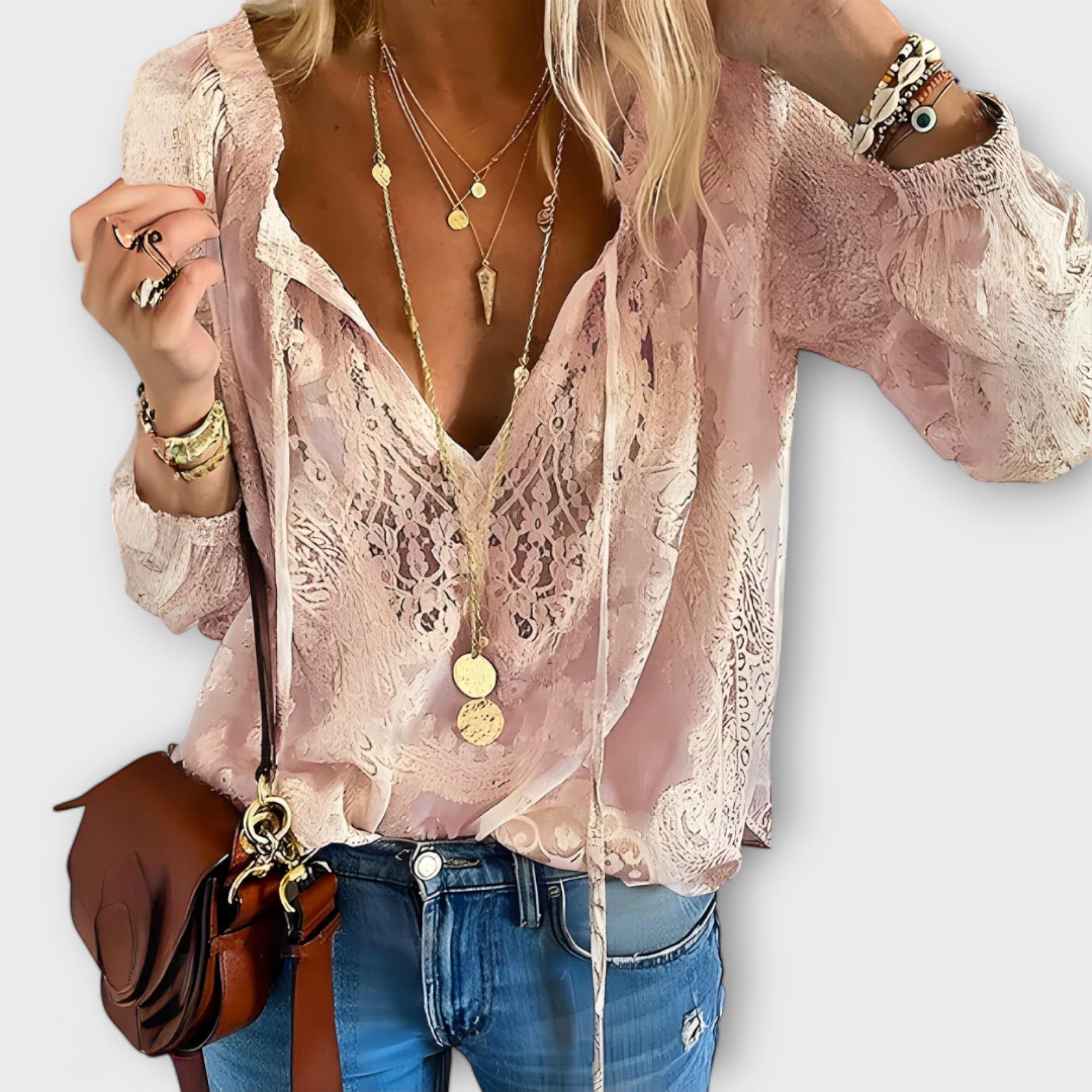 Théodeline Ashgrove | White Lace V-Neck Blouse with Flared Sleeves