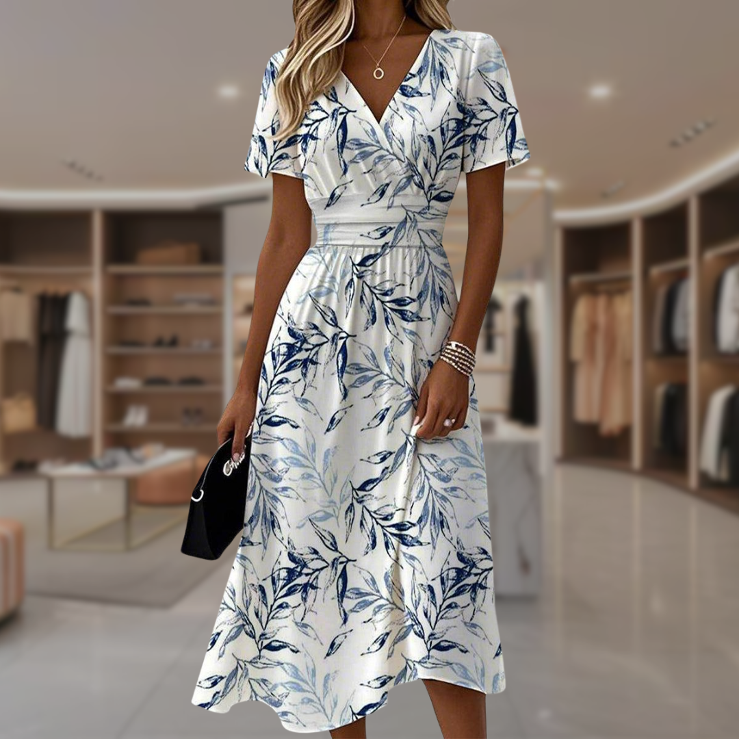 Emeline Voschard | Blue Leaf Print Midi Dress For Women