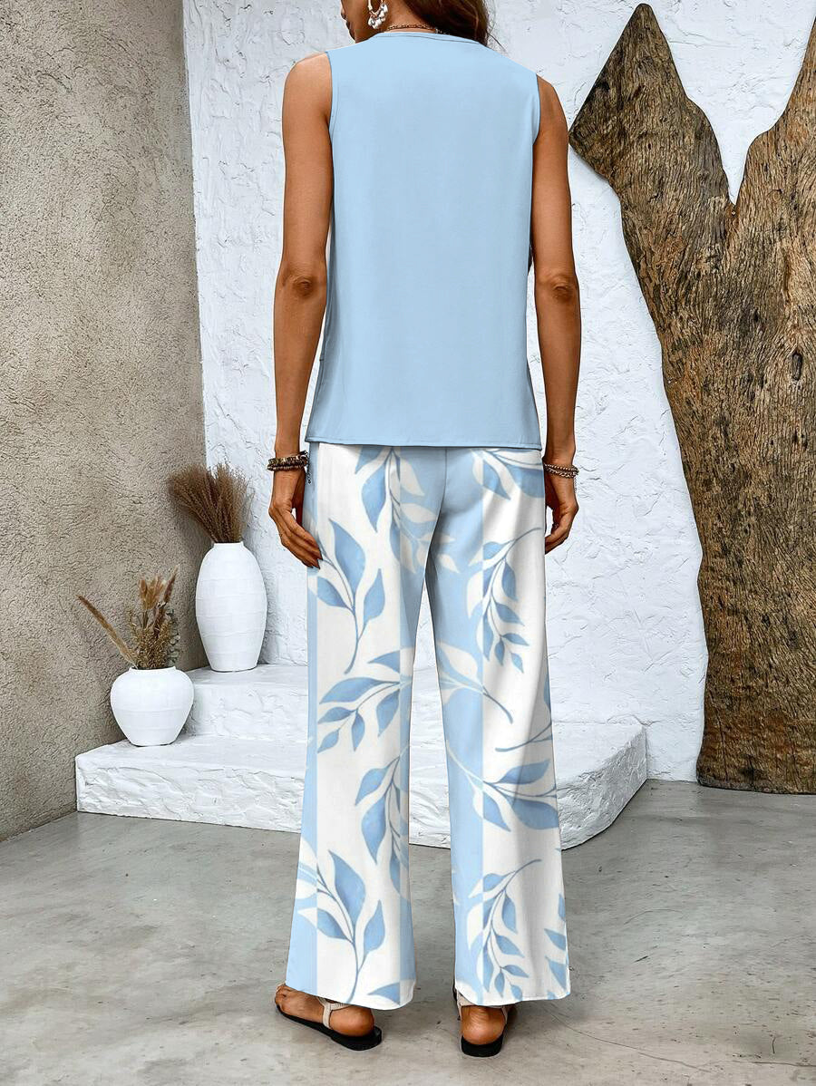 Sylvette Montcourt | Sleeveless Layered Top & Leaf-Print Wide-Leg Pants Set