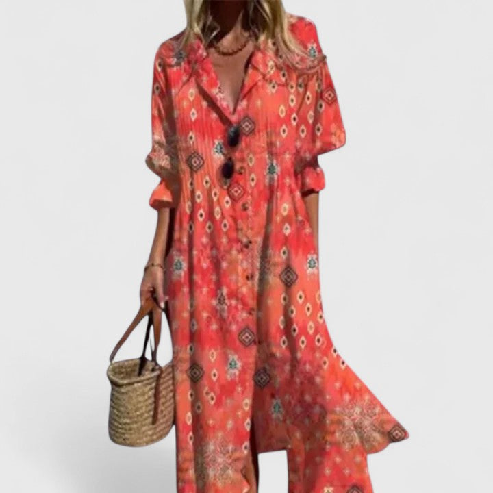 Eloise Ravencrest | Blue Leaf Print Boho Midi Shirt Dress