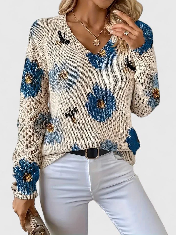 Rosalinde Fonteclair | Floral Knit V-Neck Sweater with Lace Sleeves