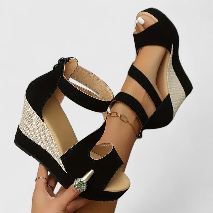 Clarisse Beauverne | Black Wedge Sandals with Elastic Straps