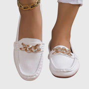 Camille Beaudreau | White Flat Loafers with Gold Chain Detail