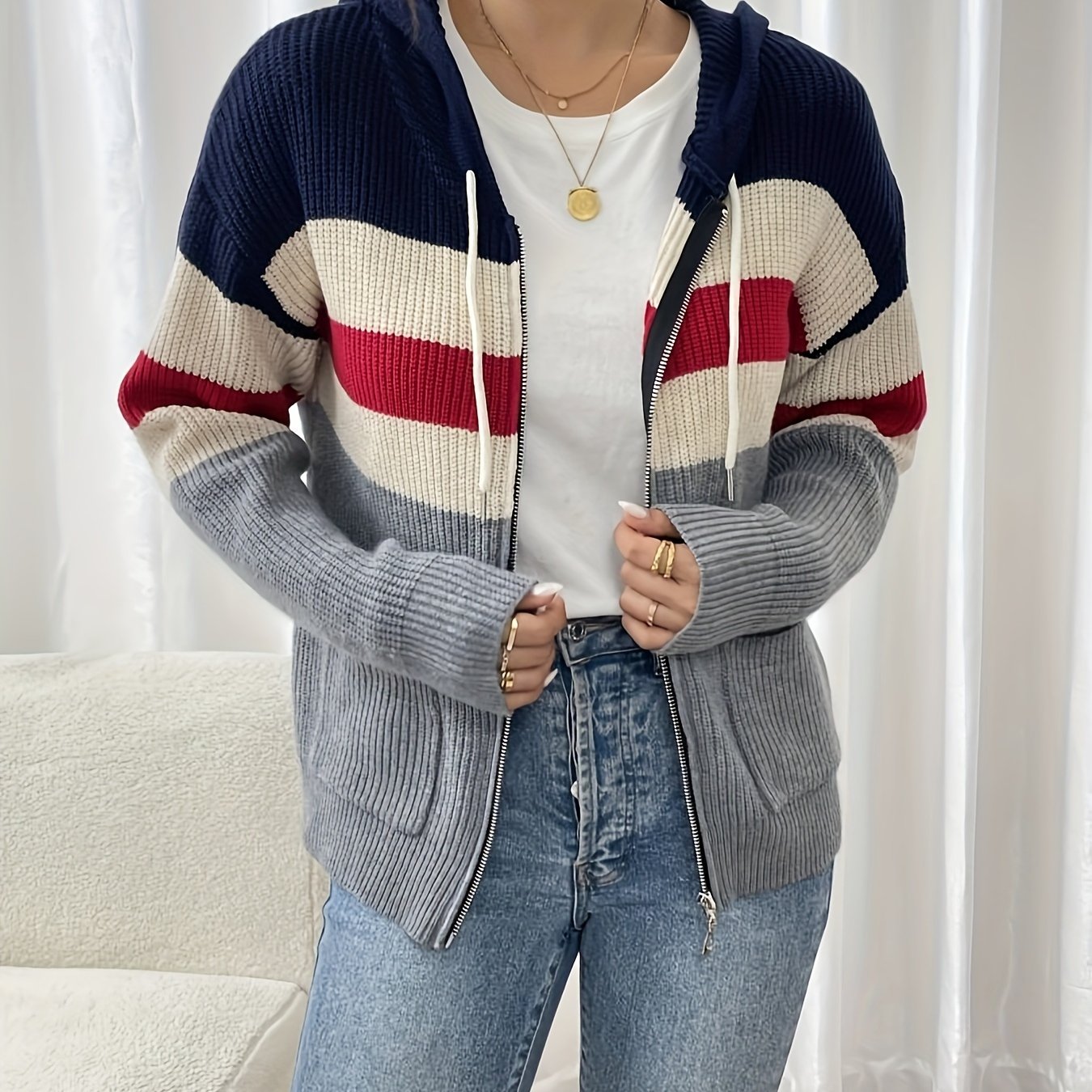 Harriet Devon | Colour-Block Zip Hoodie With Ribbed Knit For Women