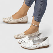 Celestine Fairvaux | White Hollow-Cut Slip-On Flat Loafers