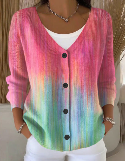 Elara Bloomfield | Printed Button-Up Knit Cardigan For Women