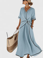 Colette Vauclaire | Beige V-Neck Twist Waist Maxi Dress