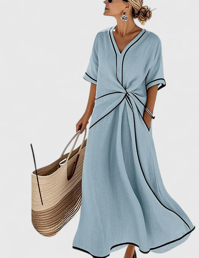 Colette Vauclaire | Beige V-Neck Twist Waist Maxi Dress