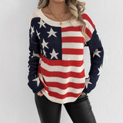 Charlotte Monroe | American Flag Off-Shoulder Knit Sweater For Women