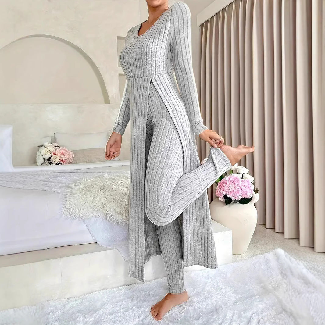 Danielle Castillon | Ribbed Knit Duster Cardigan & Pants Set For Women