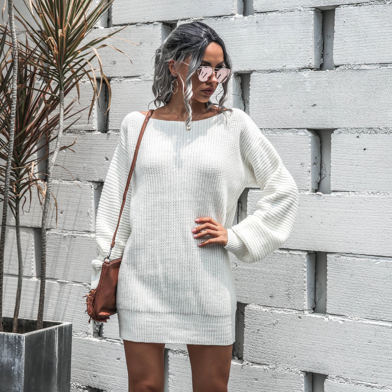 Antoinette Duval | Off-Shoulder Lantern Sleeve Sweater Mini Dress For Women