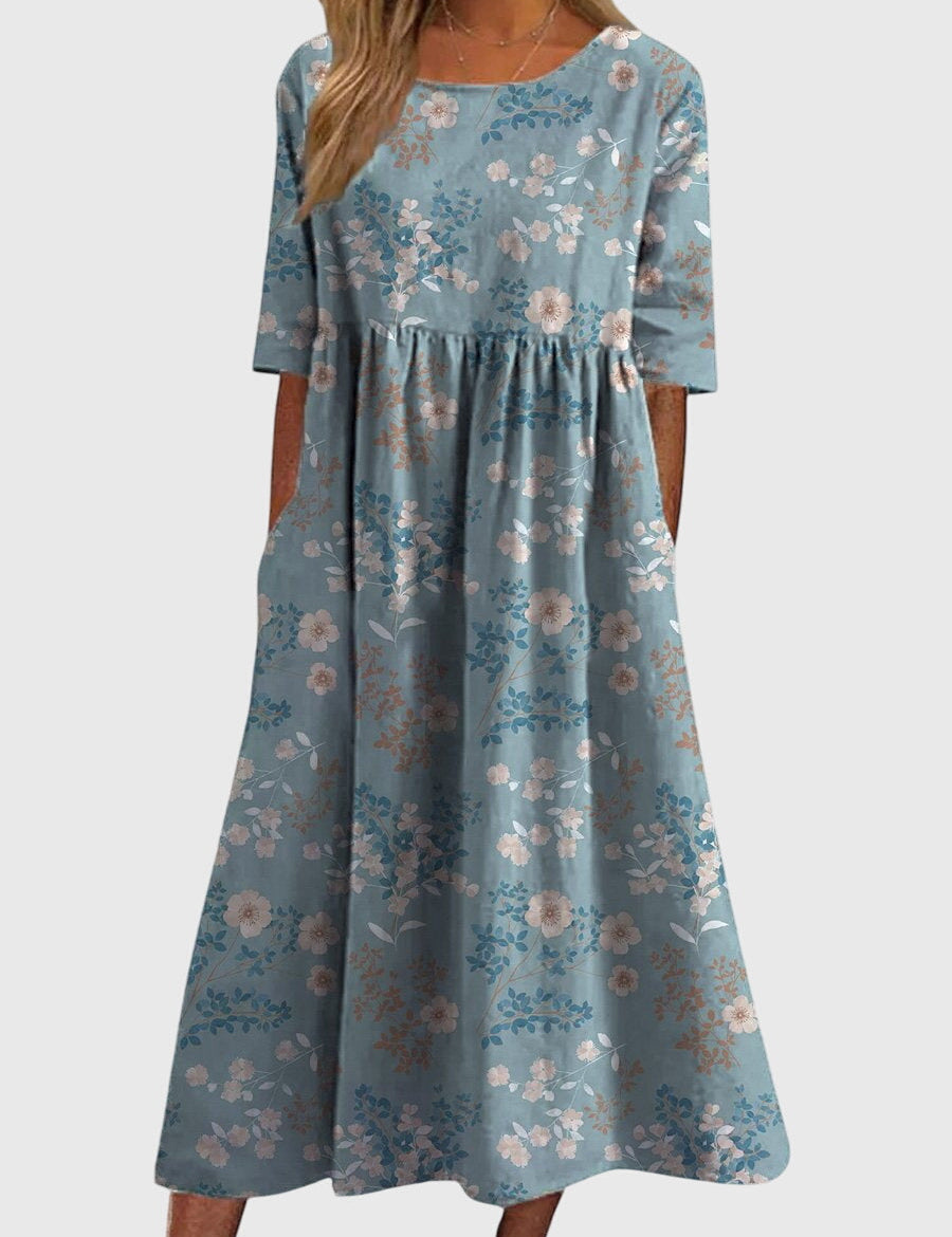 Rowena Beauclaire | Blue Floral Midi Dress with Half Sleeves