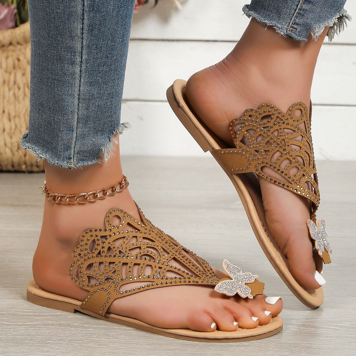 Giulia Castellano | Rhinestone Butterfly Flat Sandals For Women