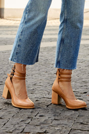 Mathilde Renoncourt | Tan Block Heel Sandal with Double Ankle Strap