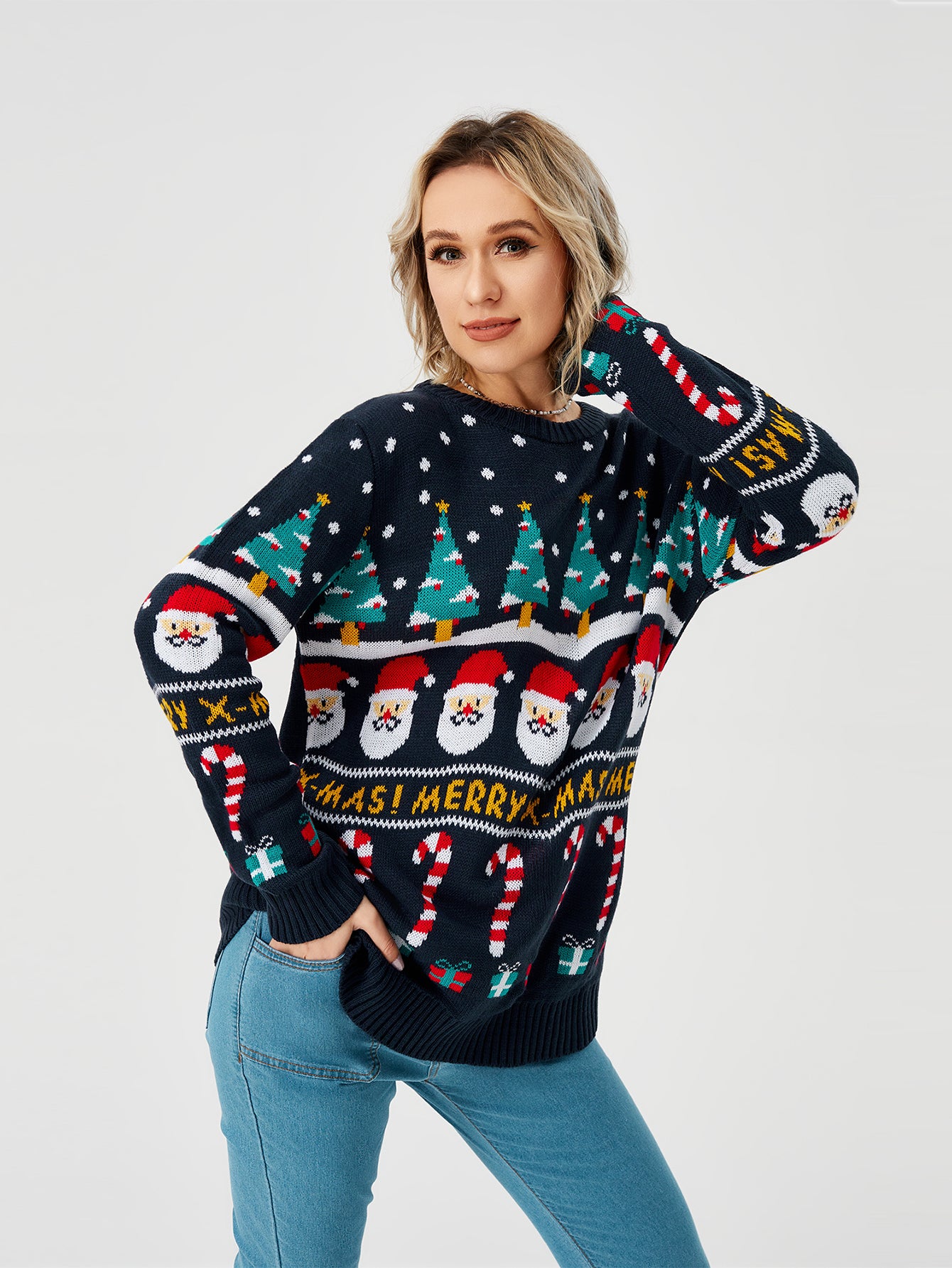 Snowy Cheer | Navy Santa Print Christmas Sweater For Women