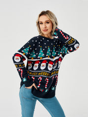 Snowy Cheer | Navy Santa Print Christmas Sweater For Women