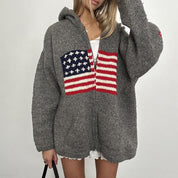 Madeleine Valmont | Grey Flag Veterans Day Zip Hoodie Cardigan For Women