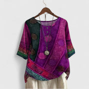 Celestia Vordaine | Bohemian Patchwork Print Short-Sleeve Top