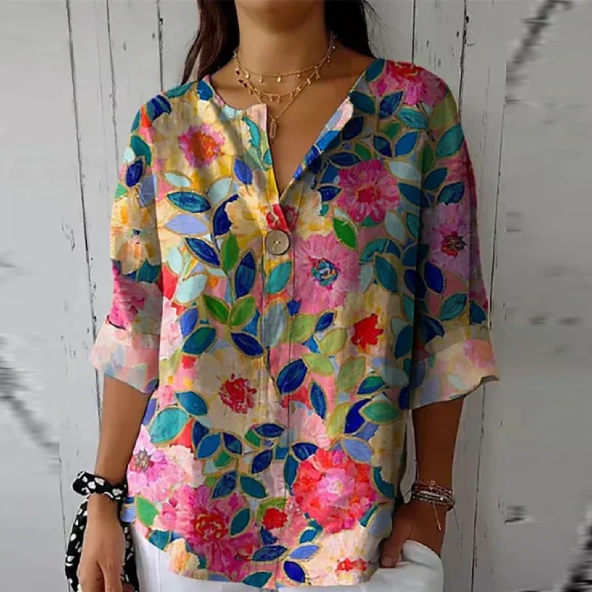 Celestine Wainwright | Chic Floral Print V-Neck Blouse