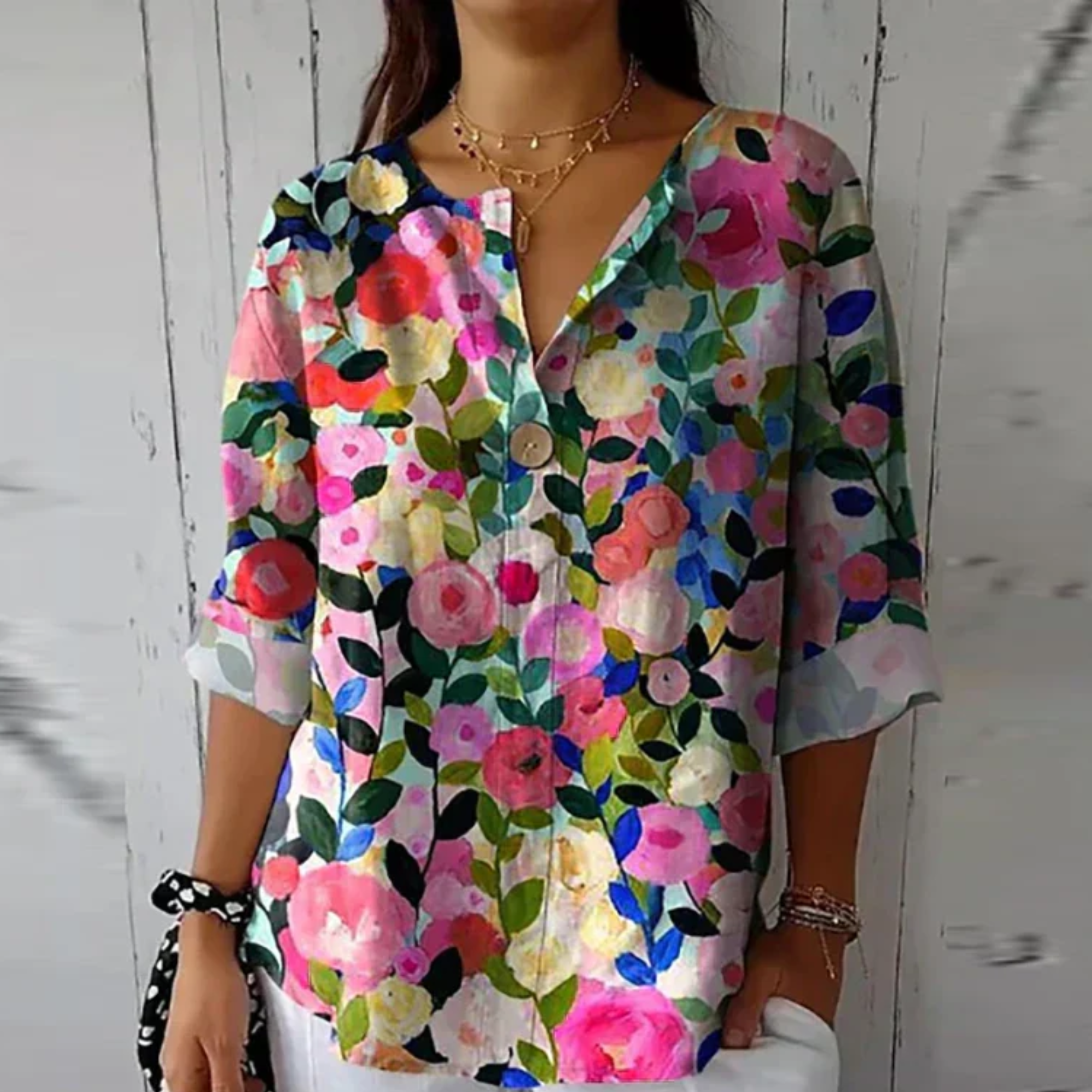 Celestine Wainwright | Chic Floral Print V-Neck Blouse