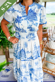 Céleste Wyndmere | Classic Toile Maxi Dress in White & Brown