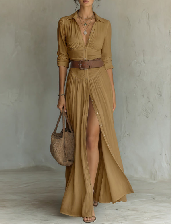 Elaine Trentwood | Button-Down V-Neck Maxi Dress For Women
