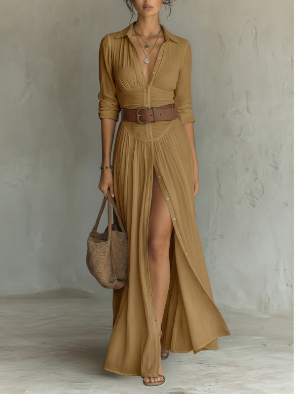 Elaine Trentwood | Button-Down V-Neck Maxi Dress For Women