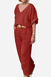 Vittoria Dunmore | Red V-Neck Batwing Top & Straight-Leg Pants Set