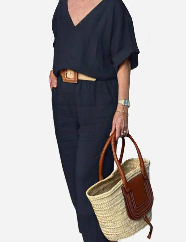 Vittoria Dunmore | Red V-Neck Batwing Top & Straight-Leg Pants Set