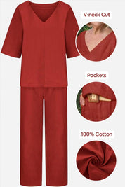 Vittoria Dunmore | Red V-Neck Batwing Top & Straight-Leg Pants Set