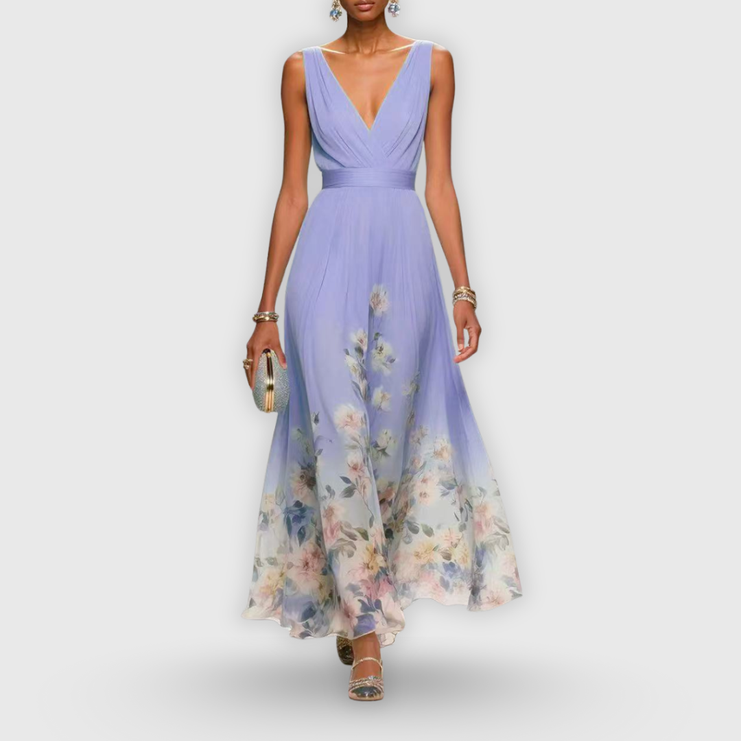 Claudette Fairvaux | Blue Floral Maxi Dress with V-Neckline