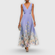 Claudette Fairvaux | Blue Floral Maxi Dress with V-Neckline