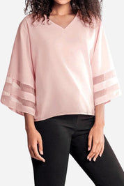 Florinda Ashcombe | White V-Neck Bell Sleeve Blouse with Mesh Panel Detail