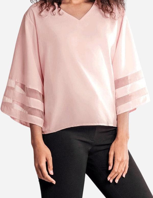 Florinda Ashcombe | White V-Neck Bell Sleeve Blouse with Mesh Panel Detail