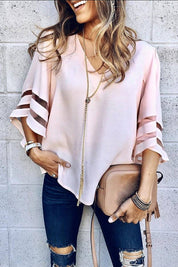 Florinda Ashcombe | White V-Neck Bell Sleeve Blouse with Mesh Panel Detail