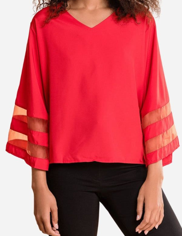 Florinda Ashcombe | White V-Neck Bell Sleeve Blouse with Mesh Panel Detail