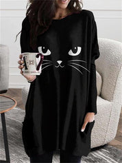 Nathalie Beauregard | Cat Print Long Sleeve Tunic Top For Women
