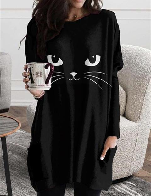 Nathalie Beauregard | Cat Print Long Sleeve Tunic Top For Women