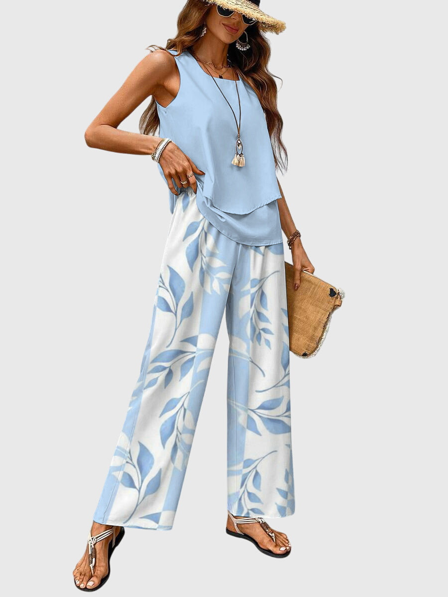 Portia Delacombe | Blue Leaf Print Sleeveless Two-Piece Set