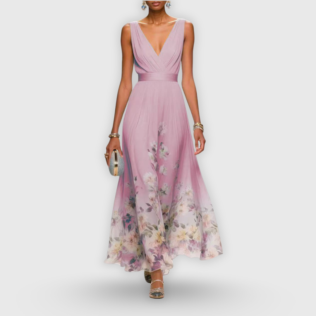 Claudette Fairvaux | Blue Floral Maxi Dress with V-Neckline