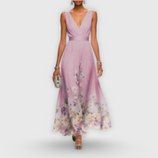 Claudette Fairvaux | Blue Floral Maxi Dress with V-Neckline