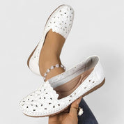 Celestine Fairvaux | White Hollow-Cut Slip-On Flat Loafers