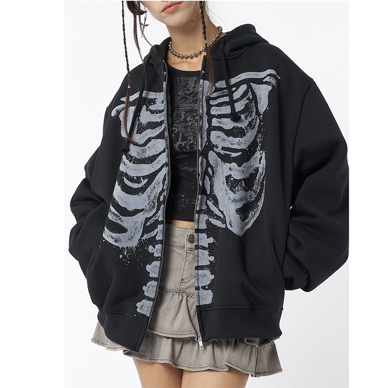 Nina Delvaux | Skeleton Print Zip-Up Hoodie For Women