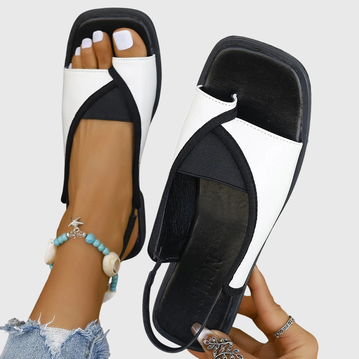 Lucette Vanbois | Square Toe Colorblock Slip-On Flat Sandals