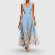 Claudette Fairvaux | Blue Floral Maxi Dress with V-Neckline