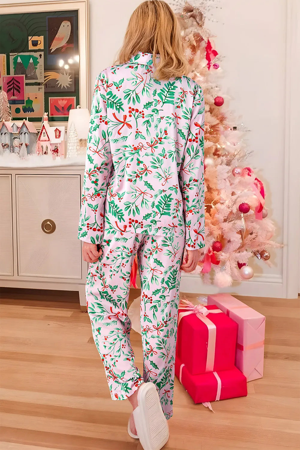 Fireside Glow | Pink Holly Print Christmas Pyjamas For Women