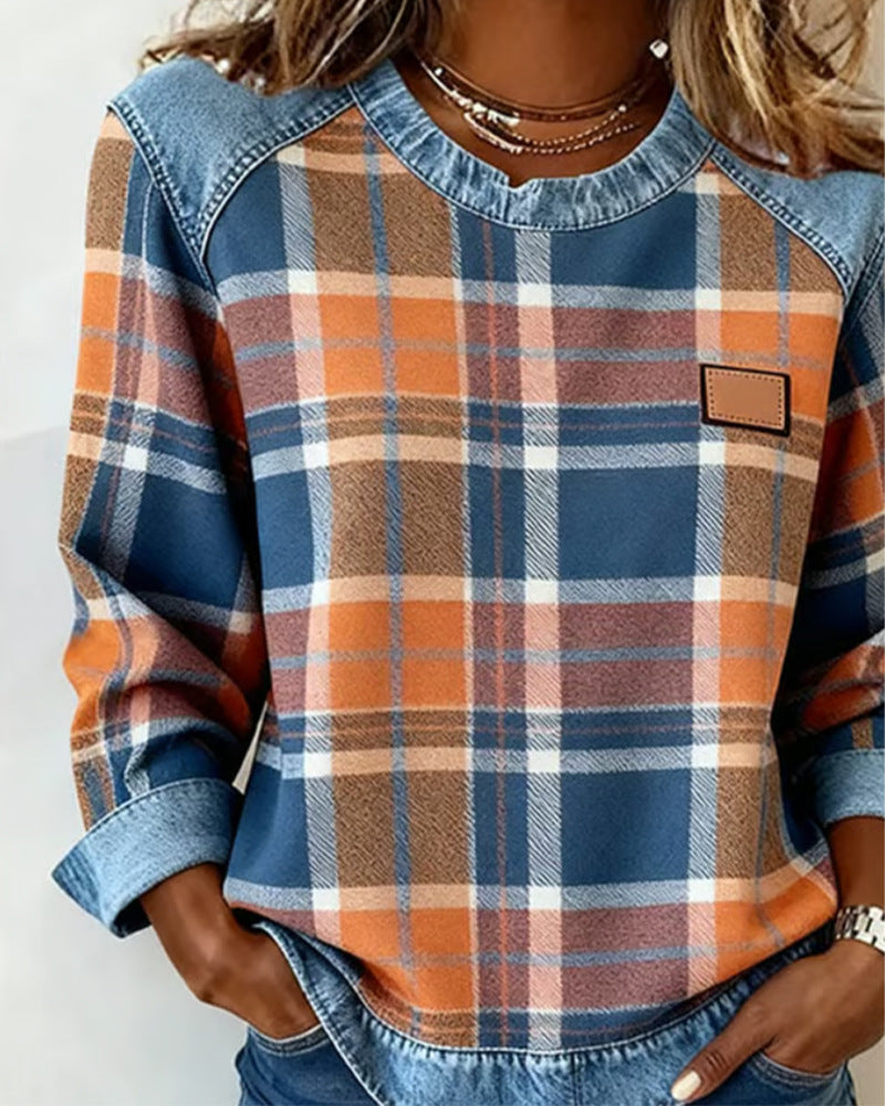 Jessie Belwell | Plaid Denim-Look Patchwork Sweatshirt For Women