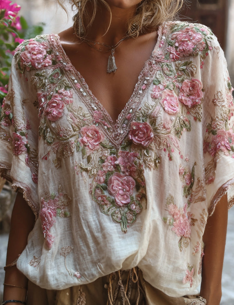 Francesca Beaumont | Floral Embroidered V-Neck Top For Women