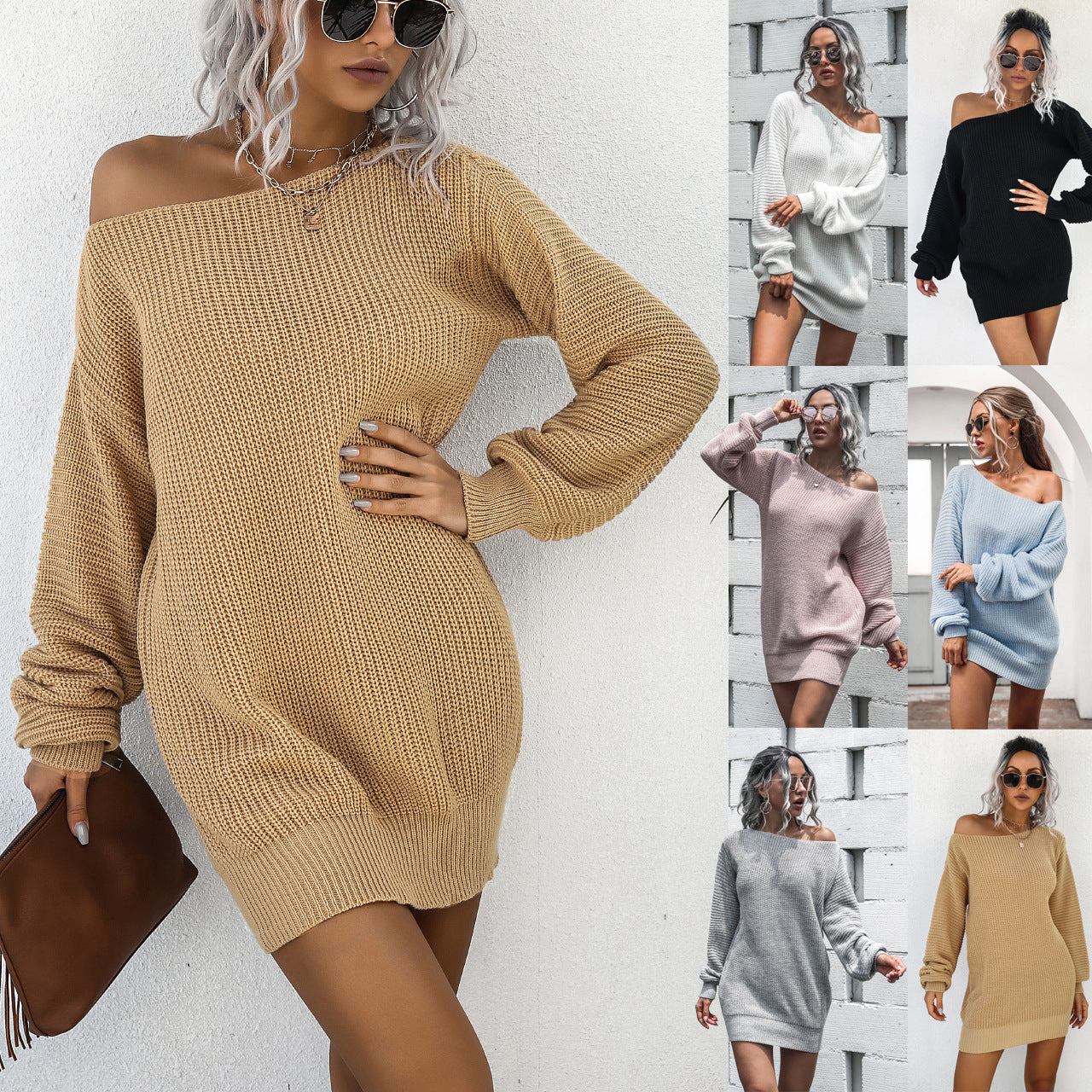 Antoinette Duval | Off-Shoulder Lantern Sleeve Sweater Mini Dress For Women