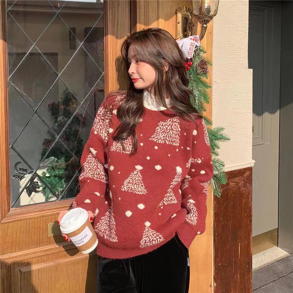 Snowy Eve | Red Tree Jacquard Christmas Sweater For Women